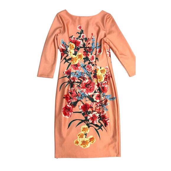 Beige by Eci Peach Spring Floral Midi Straight Pencil Dress 3/4 Sleeve Size 8 - Picture 8 of 15